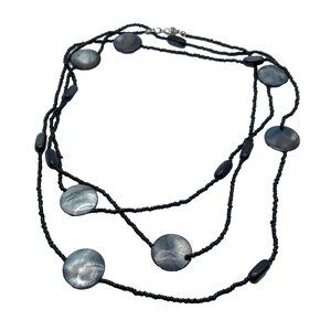 Long Beaded Necklace Black Seed Beads Gray Shell Discs 60 Inch Length